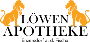 Das Logo der Löwen Apotheke besteht aus der Schrift Löwen Apotheke, links und rechts davon sitzen zwei goldene Löwen mit Blick zueinander.
